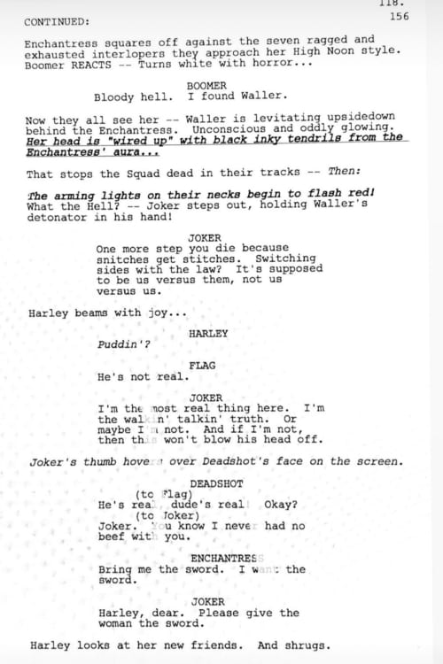 David Ayer, Suicide Squad, Released Script Page, Joker, Harley Quinn, Enchantress, Deadshot, Rick Flagg, Amanda Waller, Justice League, Will Smith, Margo Robbie, Jared Leto, Viola Davis, Warner Bros., DC Comics, DCEU