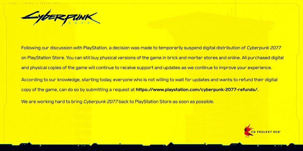 Sony Removes Cyberpunk 2077