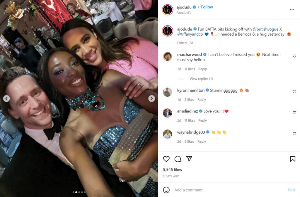 Tom Hiddleston AJ Odudu and Zawe Ashton pose for a selfie in Odudu's Instagram