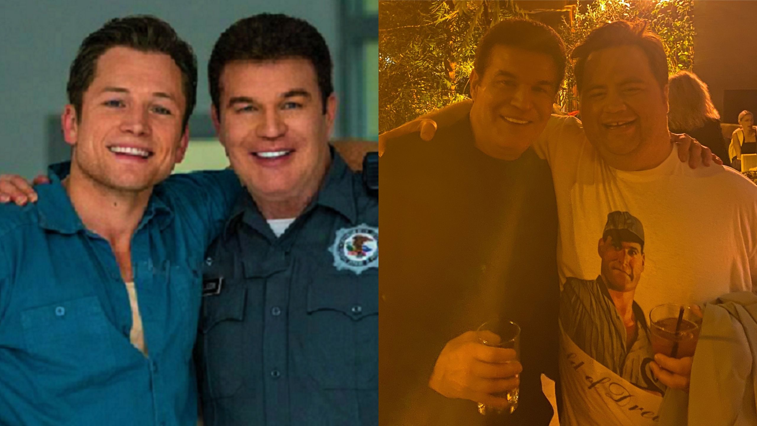 Left: Taron Egerton and James Jimmy Keen on the set of Black Bird. - Right: Jimmy Keene and Paul Walter Hauser at the Black Bird World Premiere after party