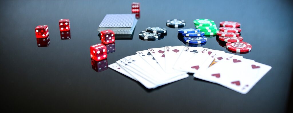 poker cards, chips, and dice